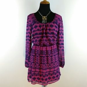 Scoop-Neck Long-Sleeved Geometric Print Dress